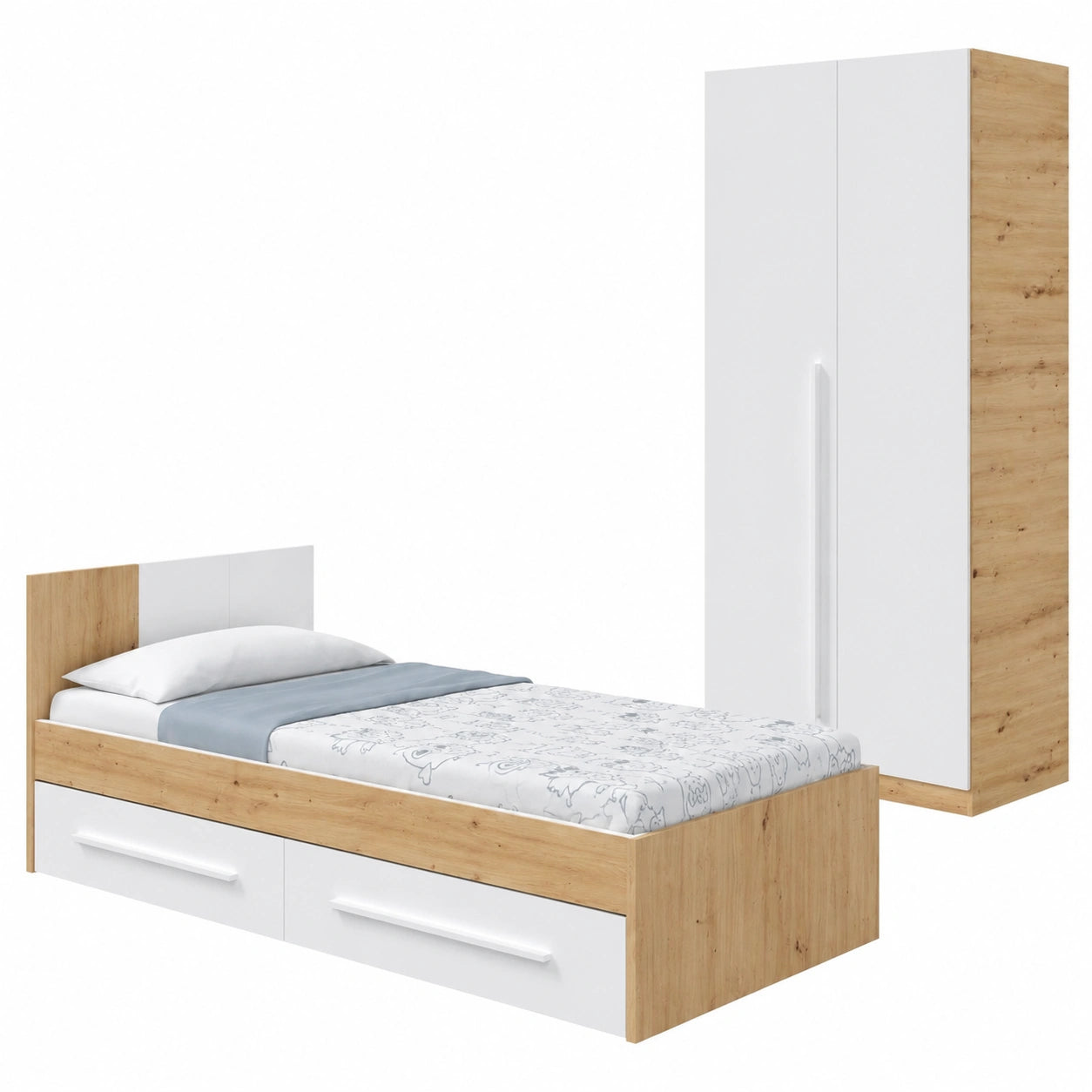 Conjunto Dormitorio Juvenil Noa Roble Blanco con Cama y Armario